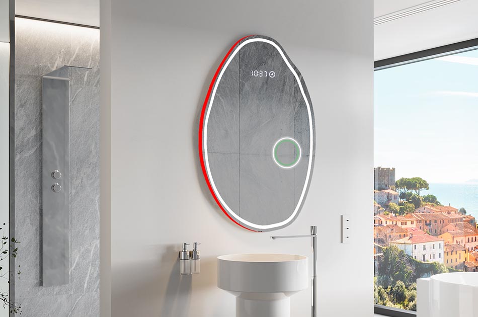 Netaisyklingos formos veidrodis su subtilia aplinkos apšvietimu elegantiškam interjerui | ARTFORMA