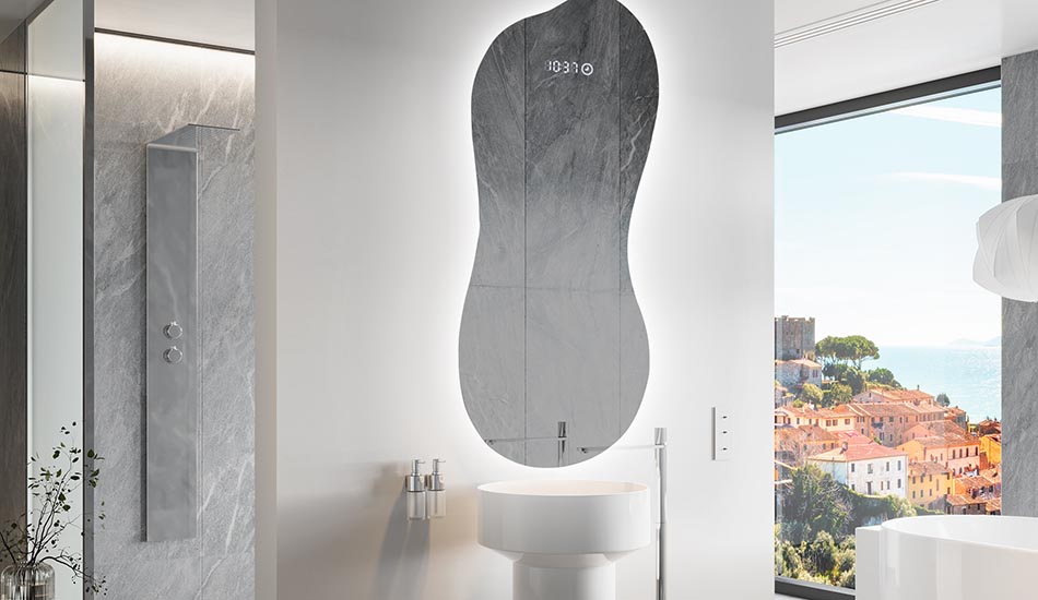 Netaisyklingos formos veidrodis su subtilia aplinkos apšvietimu elegantiškam interjerui | ARTFORMA