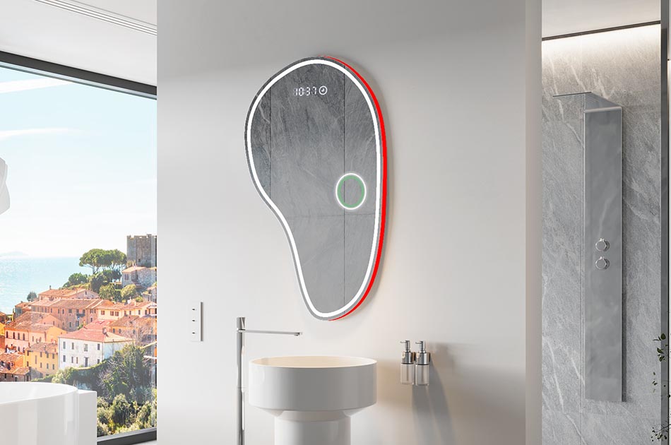 Netaisyklingos formos veidrodis su subtilia aplinkos apšvietimu elegantiškam interjerui | ARTFORMA