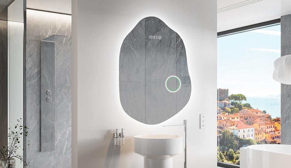 Netaisyklingos formos veidrodis su subtilia aplinkos apšvietimu elegantiškam interjerui | ARTFORMA