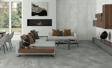 Glazūruotos grindų plytelės 60x120 cm, šviesiai pilkos spalvos, matinės, rektifikuotos, A4H125 „Materia Pearl“