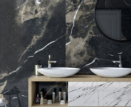 Didelio formato keraminė plytelė, 120x270 cm, juoda, matinė, su auksiniais dryželiais, rektifikuota, A4H196 „Pierre Black“