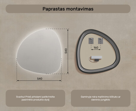Dekoratyvinis veidrodis su led apšvietimu 54x54cm su šaltu LED apšvietimu 7000K, šiltu apšvietimu 3000K arba neutraliu apšvietimu 4500K #7
