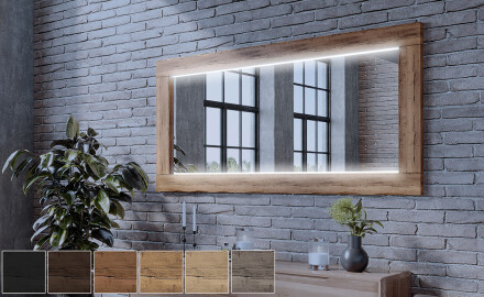 Sieninis stačiakampio medinis veidrodis LED su remu L225