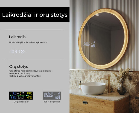 Apvalus LED veidrodis ąžuolo rėme #6