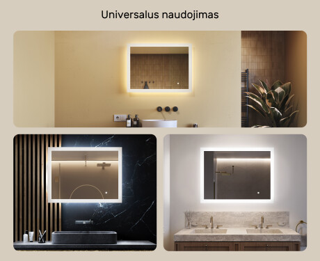 Stačiakampis vonios veidrodis su LED apšvietimu 80x60 cm su Dual color, Jutiklinis jungiklis #2