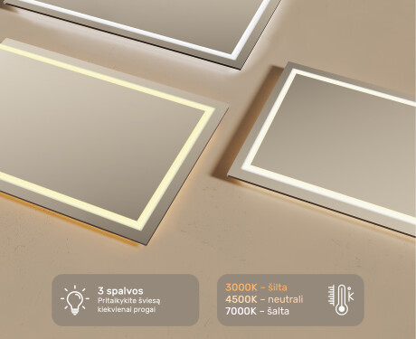 Apšviestas vonios veidrodis LED 120x70cm su šaltu LED apšvietimu 7000K, šiltu apšvietimu 3000K arba neutraliu apšvietimu 4500K #3