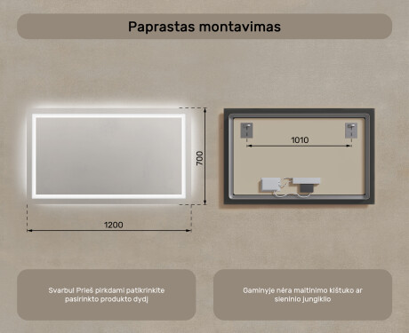 Apšviestas vonios veidrodis LED 120x70cm su šaltu LED apšvietimu 7000K, šiltu apšvietimu 3000K arba neutraliu apšvietimu 4500K #7