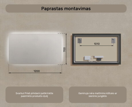 Apšviestas vonios veidrodis LED 120x70cm su šaltu LED apšvietimu 7000K, šiltu apšvietimu 3000K arba neutraliu apšvietimu 4500K #7