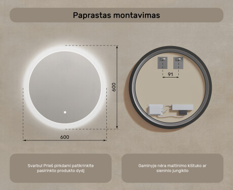 Apvalus LED apšviestas vonios veidrodis 60 cm su Dual color, Jutiklinis jungiklis #7