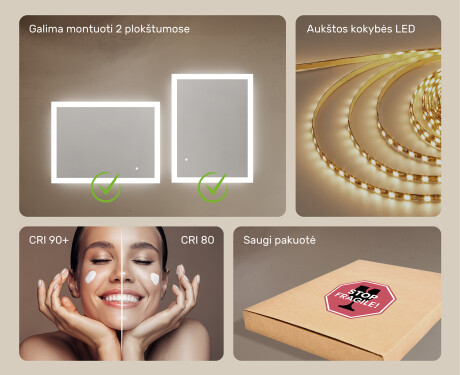 Stačiakampis vonios veidrodis su LED apšvietimu 80x60 cm su Dual color, Jutiklinis jungiklis #5