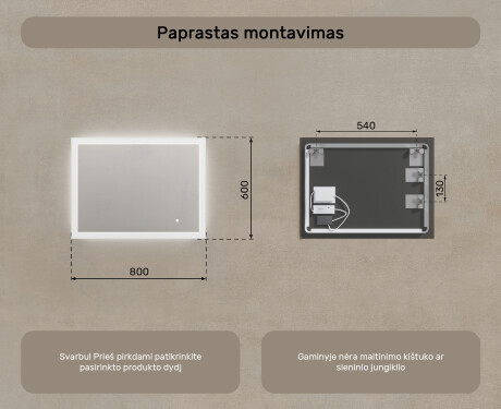 Stačiakampis vonios veidrodis su LED apšvietimu 80x60 cm su Dual color, Jutiklinis jungiklis #7