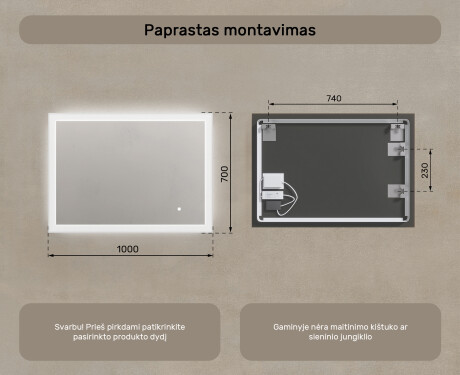 Stačiakampis LED apšviestas vonios veidrodis 100x70 cm su Dual color, Jutiklinis jungiklis #7