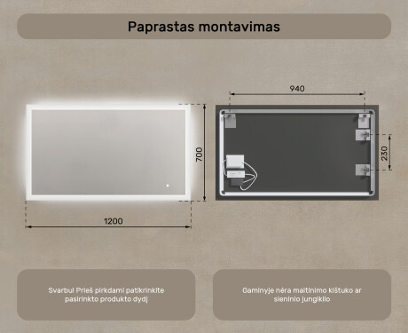 Stačiakampis vonios veidrodis su LED apšvietimu 120x70 cm su Dual color, Jutiklinis jungiklis #7