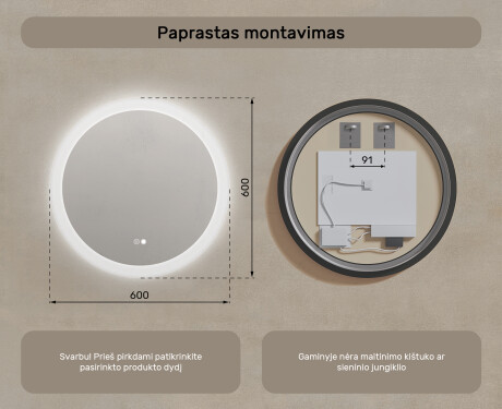 Apvalūs vonios veidrodžiai su LED apšvietimu 60 cm su Dual color, Jutiklinis jungiklis, Šildymo kilimėlis #8