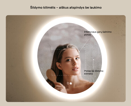 Apvalus vonios veidrodis su LED apšvietimu 80 cm su Dual color, Jutiklinis jungiklis, Šildymo kilimėlis #5