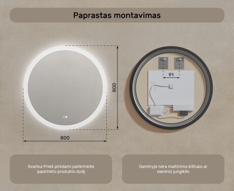 Apvalus vonios veidrodis su LED apšvietimu 80 cm su Dual color, Jutiklinis jungiklis, Šildymo kilimėlis #8