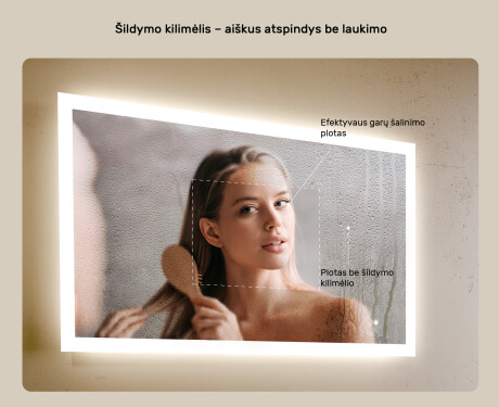 Stačiakampis vonios veidrodis su LED apšvietimu 100x70 cm su Dual color, Jutiklinis jungiklis, Šildymo kilimėlis #5