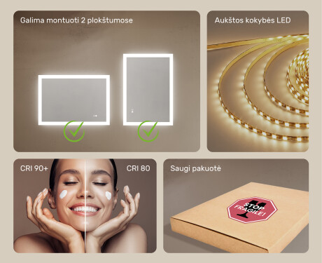 Stačiakampis vonios veidrodis su LED apšvietimu 100x70 cm su Dual color, Jutiklinis jungiklis, Šildymo kilimėlis #6
