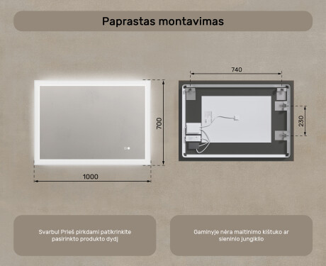 Stačiakampis vonios veidrodis su LED apšvietimu 100x70 cm su Dual color, Jutiklinis jungiklis, Šildymo kilimėlis #8