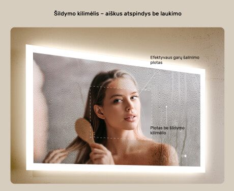 Stačiakampis LED apšviestas vonios veidrodis 120x70 cm su Dual color, Jutiklinis jungiklis, Šildymo kilimėlis #5