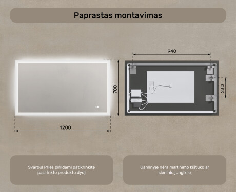 Stačiakampis LED apšviestas vonios veidrodis 120x70 cm su Dual color, Jutiklinis jungiklis, Šildymo kilimėlis #8
