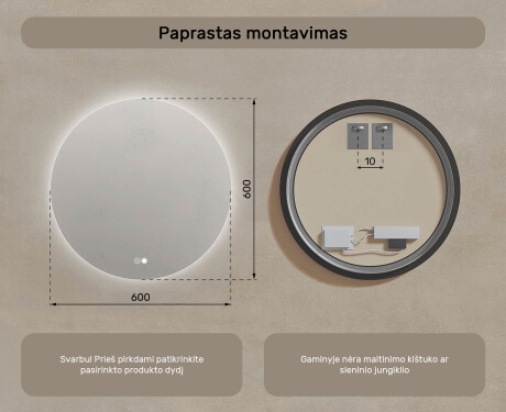 Apvalus veidrodis su apšvietimu 60 cm, dviejų spalvų, jutiklinis jungiklis, šildymo kilimėlis #7