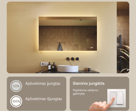 Stačiakampis vonios veidrodis su LED apšvietimu 80x60/60x80 cm, dviejų spalvų, jutiklinis jungiklis, šildymo kilimėlis #3