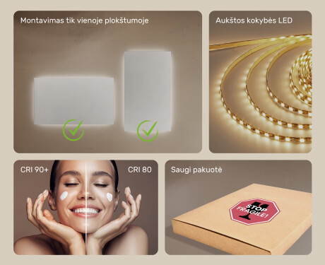 Stačiakampis vonios veidrodis su LED apšvietimu 80x60/60x80 cm, dviejų spalvų, jutiklinis jungiklis, šildymo kilimėlis #5
