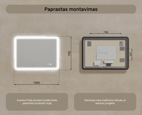 Apvalus vonios veidrodis su LED apšvietimu, 100×70 cm, dvikolorė, jutiklinis jungiklis, šildymo kilimėlis #8