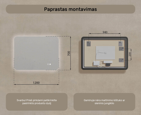 Apvalus vonios veidrodis su LED apšvietimu, 120×70 cm, dvikolorė, jutiklinis jungiklis, šildymo kilimėlis #8