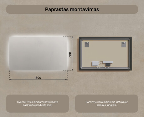 Apšviestas vonios veidrodis 60x80/80x60 cm su neutraliu 4500K atspalviu #6
