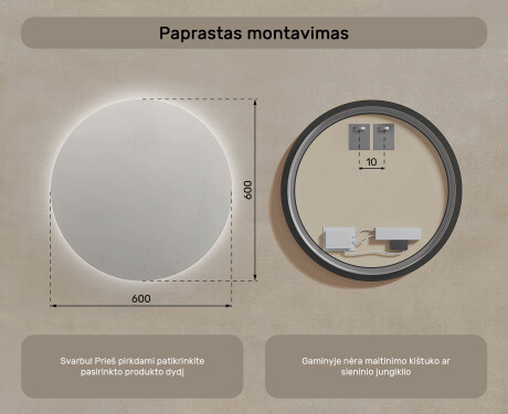 Apšviestas apvalus vonios veidrodis 60 cm su neutraliu 4500K atspalviu #6