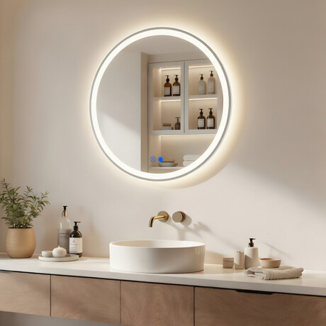 Apvalus LED apšviestas veidrodis - 60/80 cm sidabriniame aliuminio rėme #1