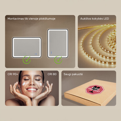 Veidrodis su užapvalintais kampais ir LED apšvietimu juodame aliuminio rėme #7