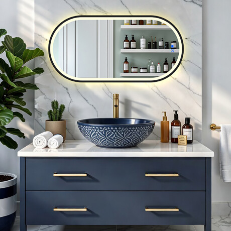 Ovalus LED apšviestas veidrodis juodame aliuminio rėme #8