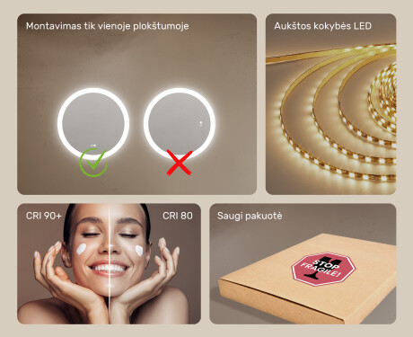 Apvalūs vonios veidrodžiai su LED apšvietimu  su Dual color, Jutiklinis jungiklis, Šildymo kilimėlis #6