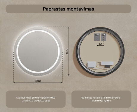 Apvalus apšviestas vonios veidrodis 80cm su šaltu LED apšvietimu 7000K, šiltu apšvietimu 3000K arba neutraliu apšvietimu 4500K #7