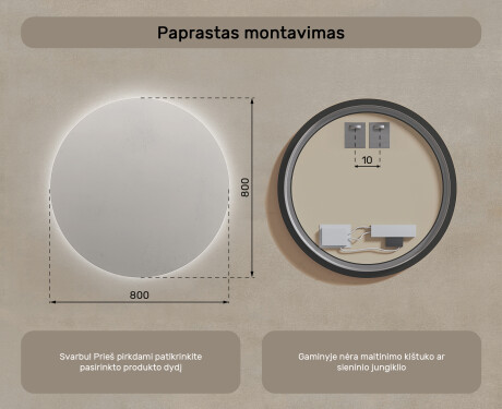 Apvalus apšviestas vonios veidrodis 80cm su šaltu LED apšvietimu 7000K, šiltu apšvietimu 3000K arba neutraliu apšvietimu 4500K #7