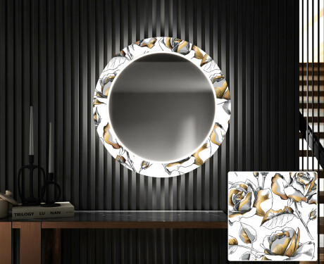 Apvalus dekoratyvinis veidrodis su LED apšvietimu prieškambariui - golden flowers