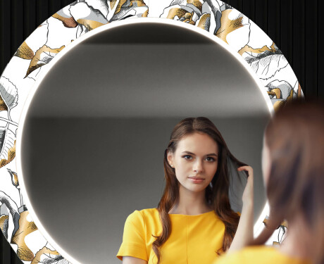 Apvalus dekoratyvinis veidrodis su LED apšvietimu prieškambariui - golden flowers #12