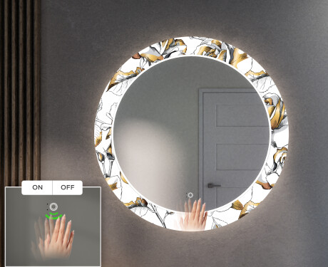 Apvalus dekoratyvinis veidrodis su LED apšvietimu prieškambariui - golden flowers #5