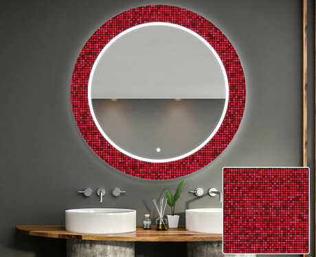 Apvalus dekoratyvinis veidrodis su LED apšvietimu – voniai  - red mosaic