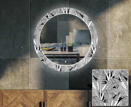 Apvalus dekoratyvinis veidrodis su LED apšvietimu svetainei - black and white jungle #1