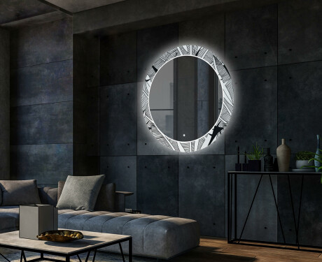Apvalus dekoratyvinis veidrodis su LED apšvietimu svetainei - black and white jungle #2