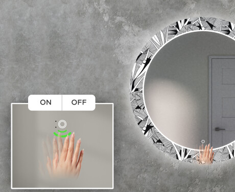Apvalus dekoratyvinis veidrodis su LED apšvietimu svetainei - black and white jungle #5