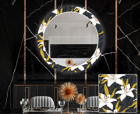 Apvalus dekoratyvinis veidrodis su LED apšvietimu prieškambariui - bells flowers