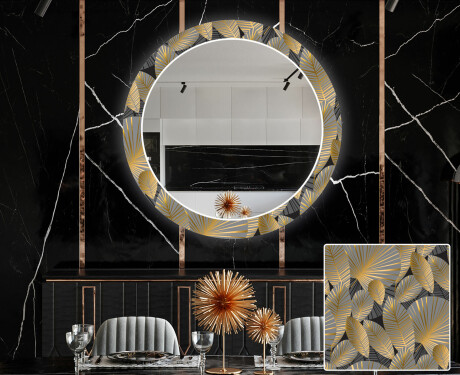 Apvalus dekoratyvinis veidrodis su LED apšvietimu prieškambariui - golden leaves