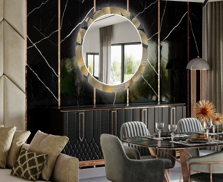 Apvalus dekoratyvinis veidrodis su LED apšvietimu prieškambariui - golden leaves #2