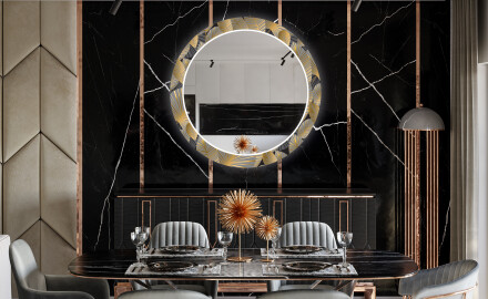 Apvalus dekoratyvinis veidrodis su LED apšvietimu prieškambariui - golden leaves
